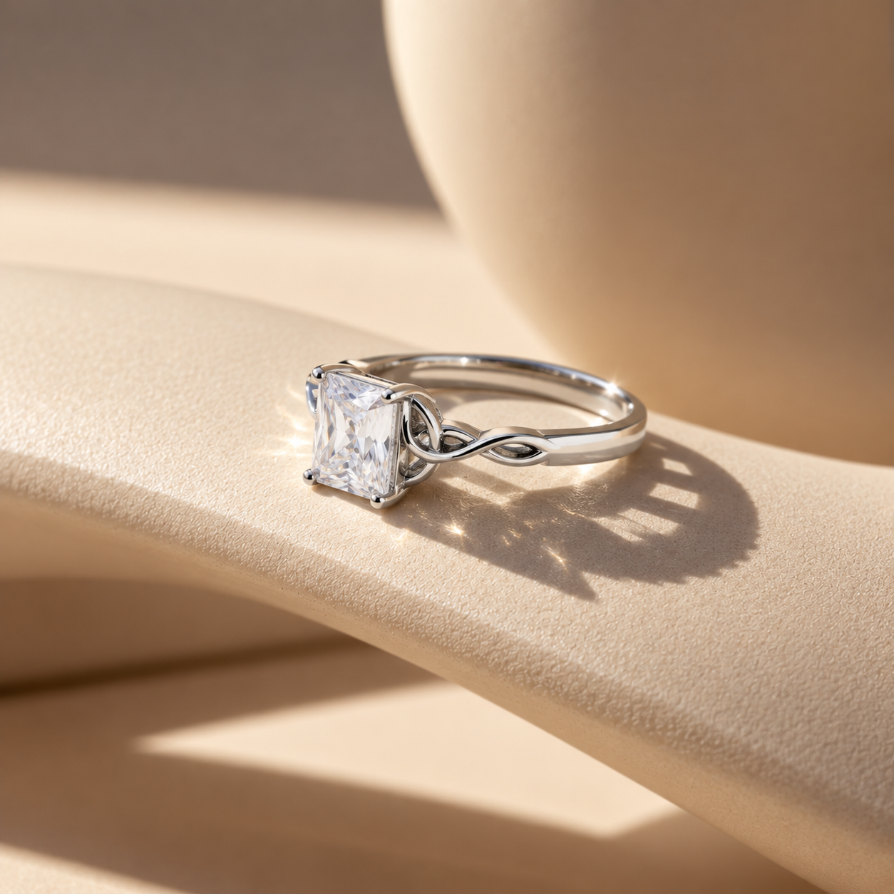 Silver Emerald Cut Celtic Knot Solitaire Ring