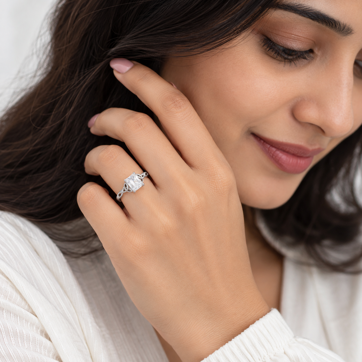 Silver Emerald Cut Celtic Knot Solitaire Ring