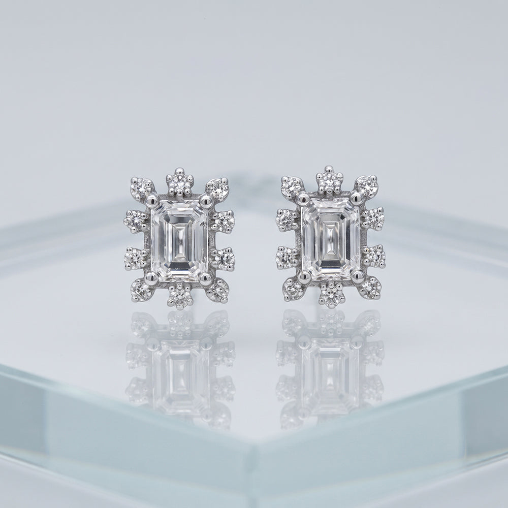 Silver Emerald Cut Cluster Corner Stud Earrings