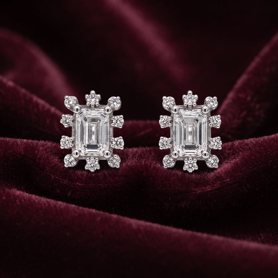 Silver Emerald Cut Cluster Corner Stud Earrings