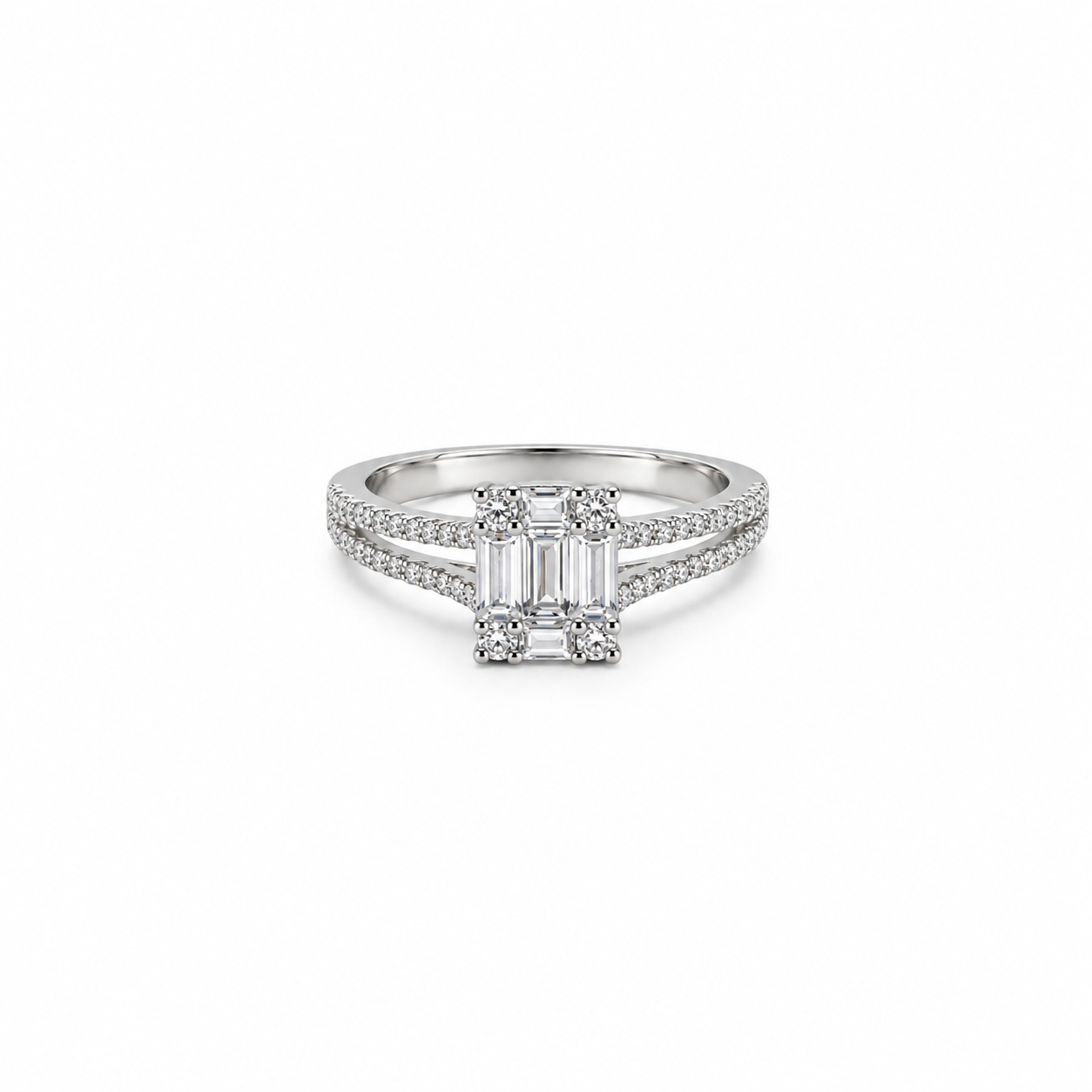 Silver Emerald Cut Pave Shoulder Ring