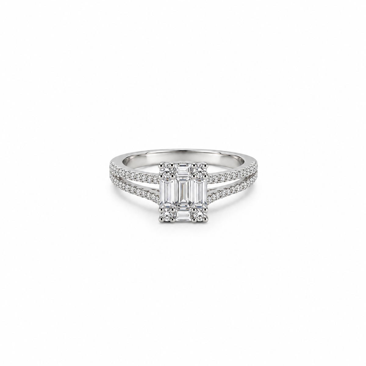 Silver Emerald Cut Pave Shoulder Ring
