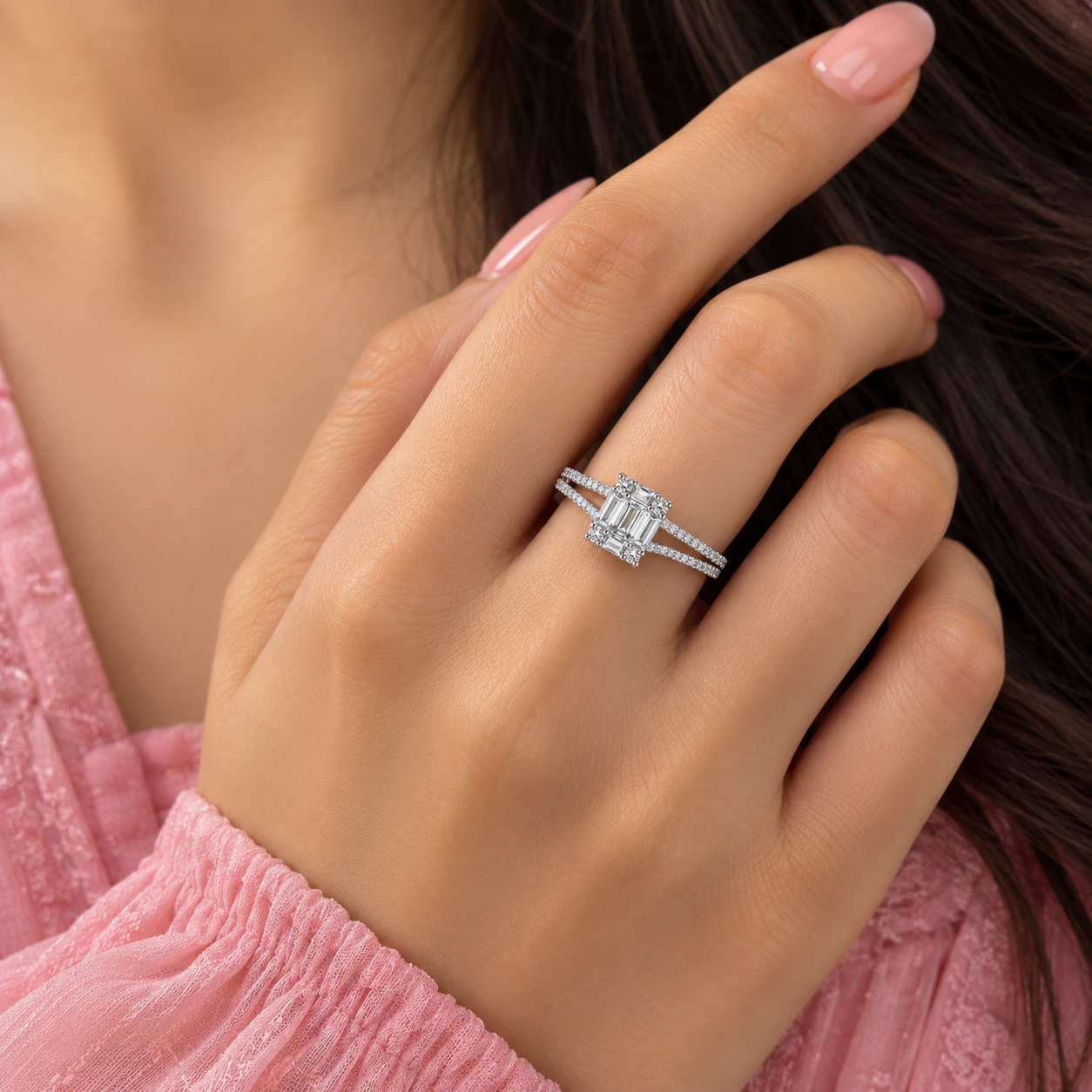 Silver Emerald Cut Pave Shoulder Ring