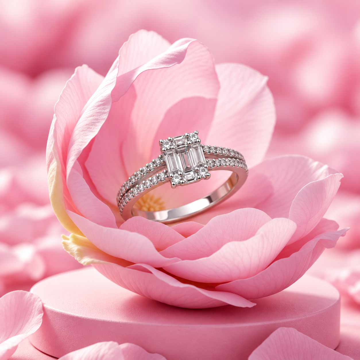 Silver Emerald Cut Pave Shoulder Ring