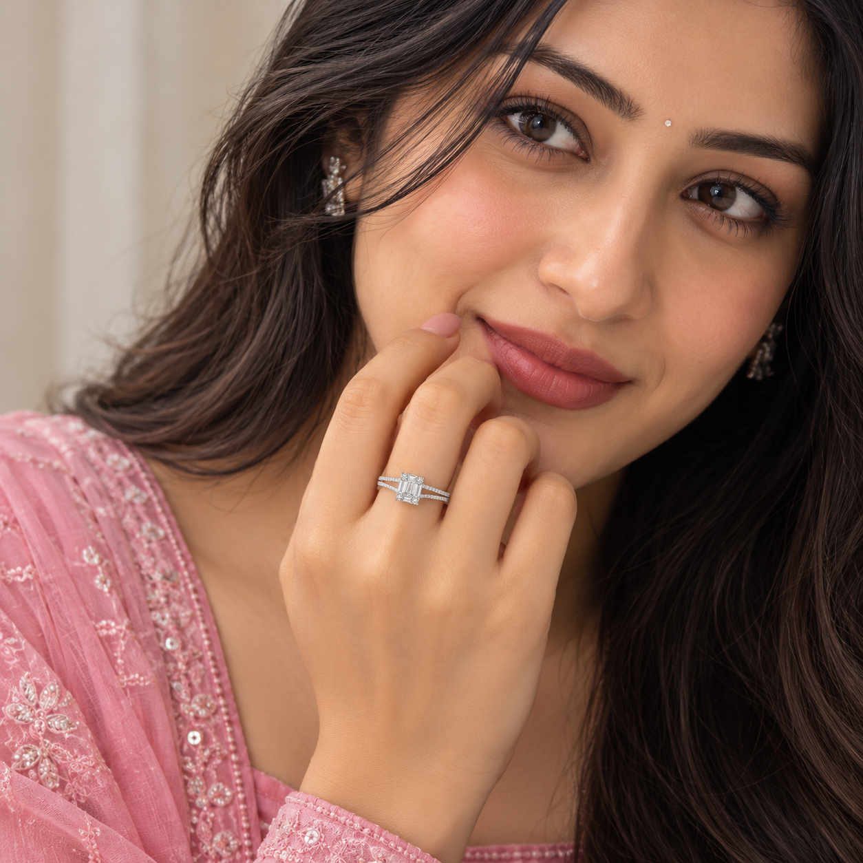 Silver Emerald Cut Pave Shoulder Ring