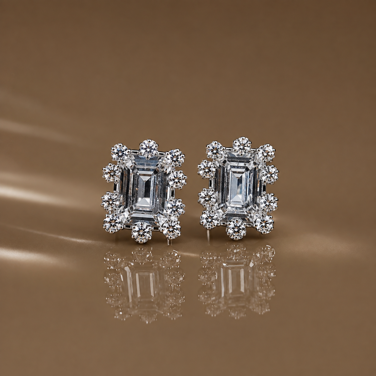 Pair of Silver Emerald Cut Scalloped CZ Stud Earrings displayed on a reflective brown surface, showing the clustered CZ border
