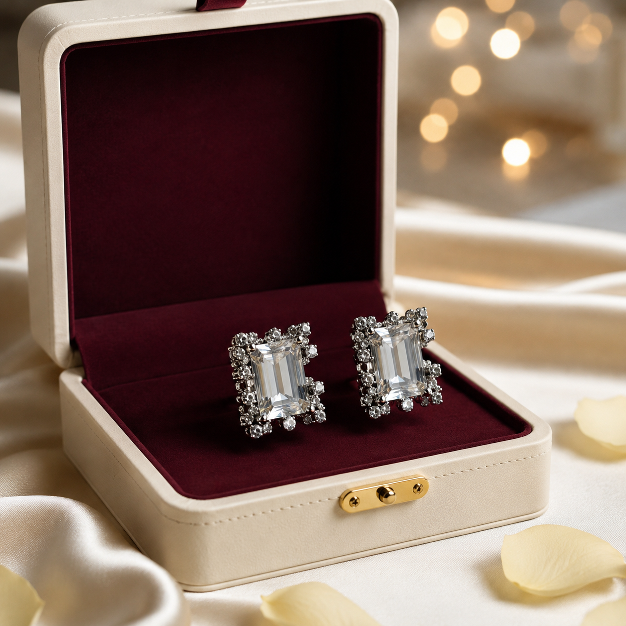 Silver Emerald Cut Scalloped CZ Stud Earrings displayed in a jewellery box with round CZ clusters surrounding the emerald-cut centres