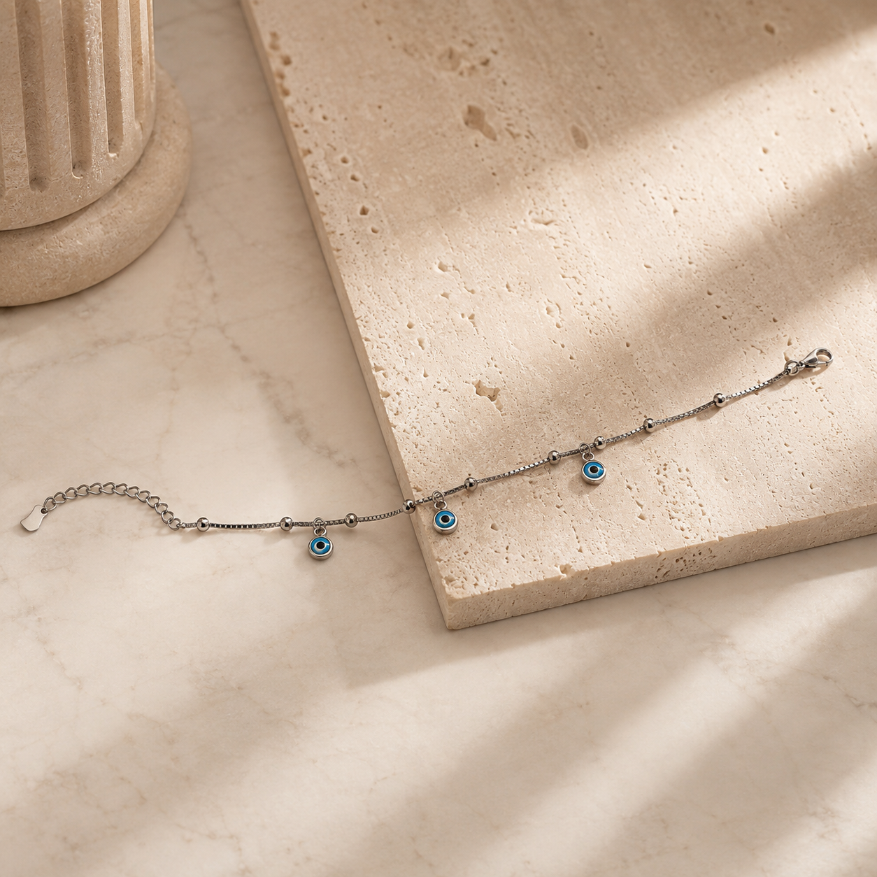 Adjustable silver evil eye anklet for everyday wear