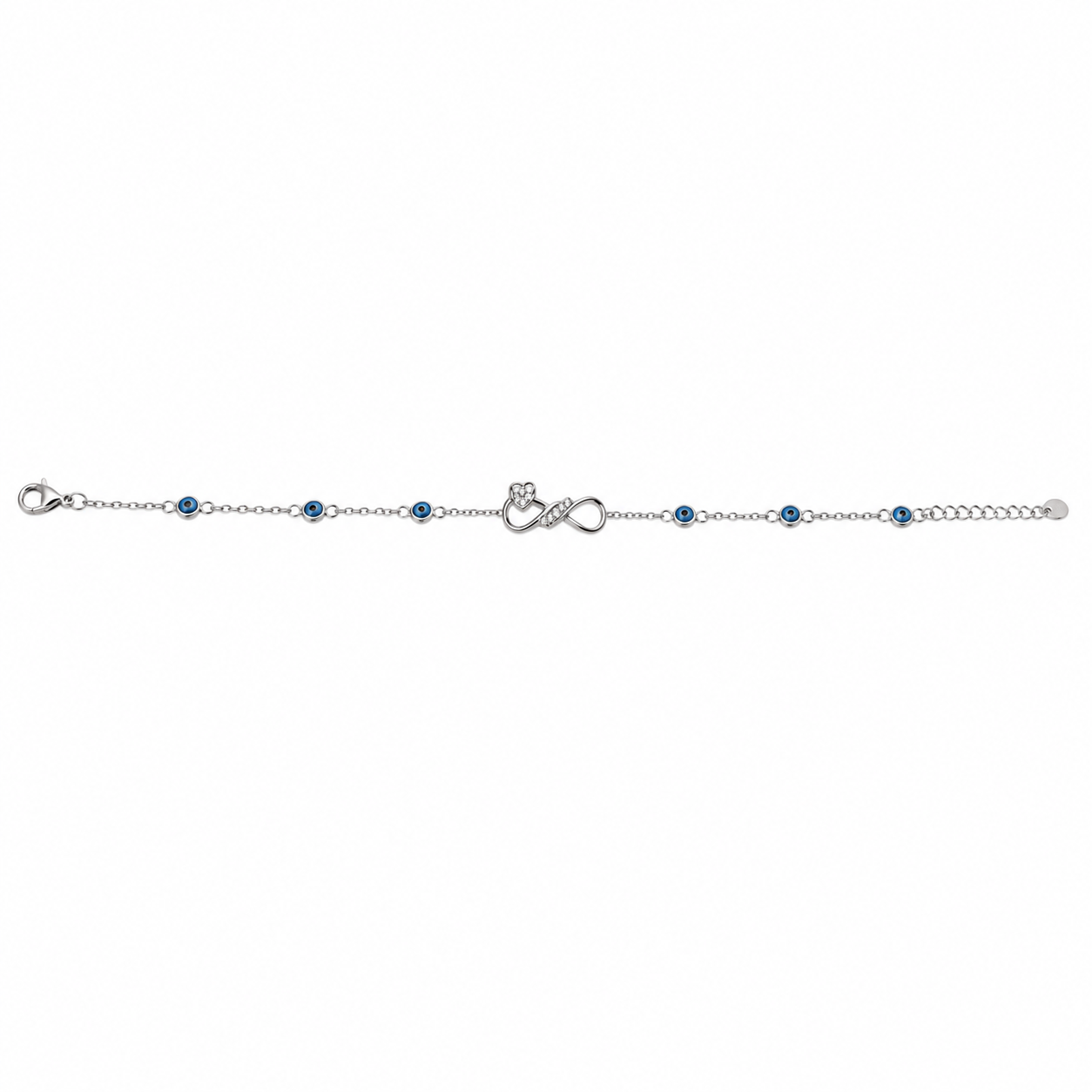 Silver evil eye anklet with infinity links and blue eyes