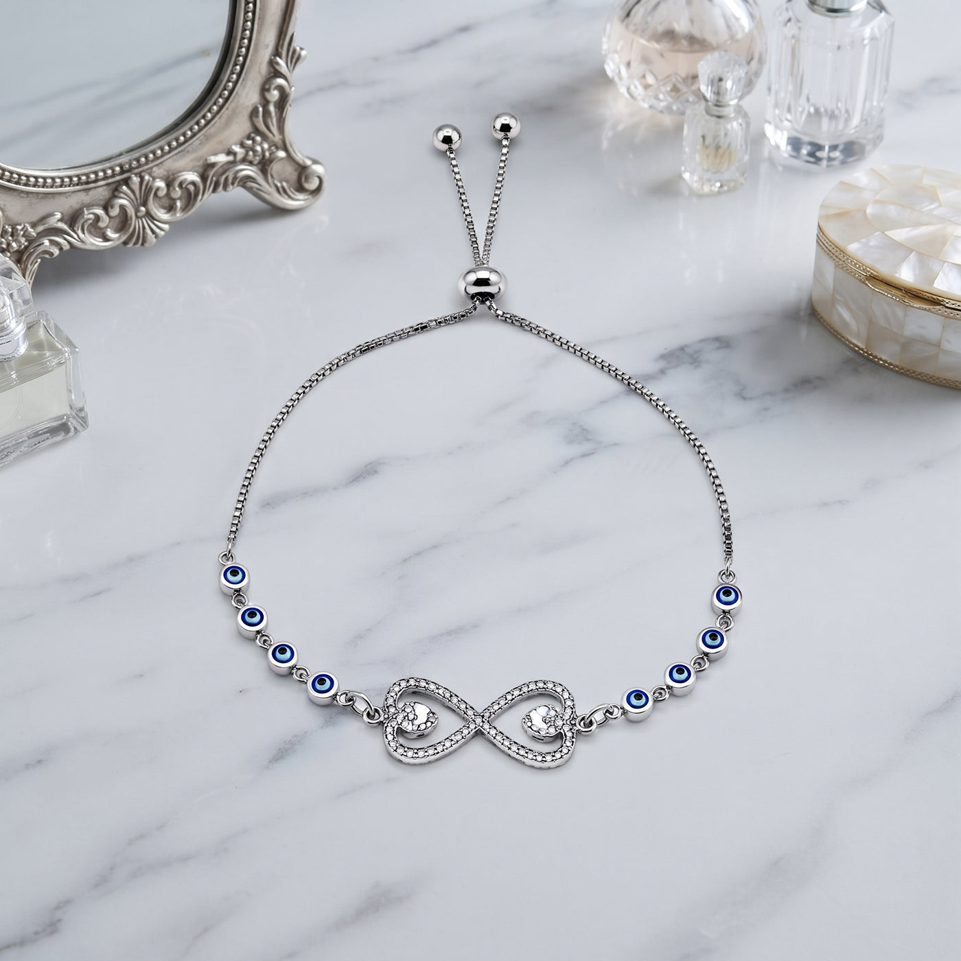 Silver Evil Eye Infinity Bolo Bracelet