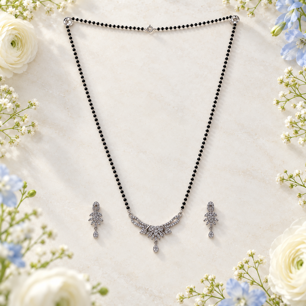Silver Floral Burst Chandelier Mangalsutra Set