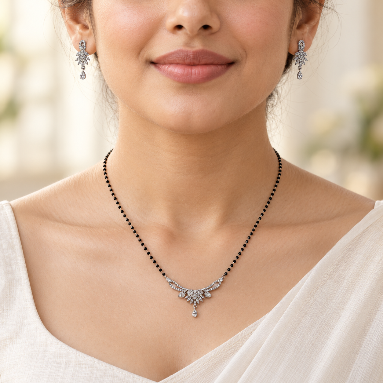 Silver Floral Burst Chandelier Mangalsutra Set