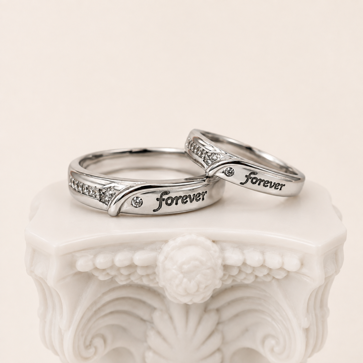 Silver Forever Script Couple Band Ring