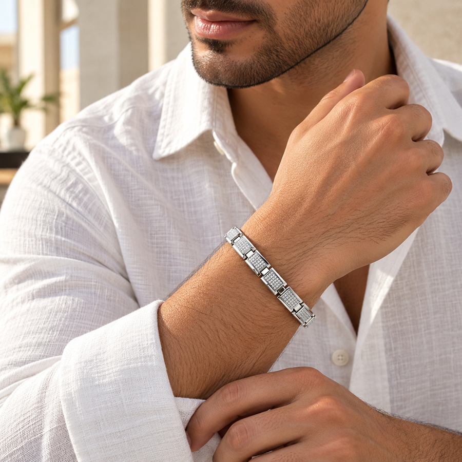 Silver Full Pave Plate Mens Bracelet