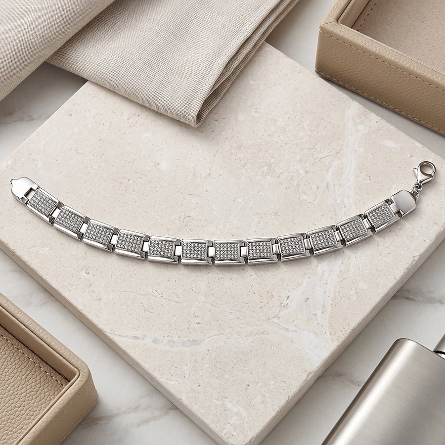 Silver Full Pave Plate Mens Bracelet