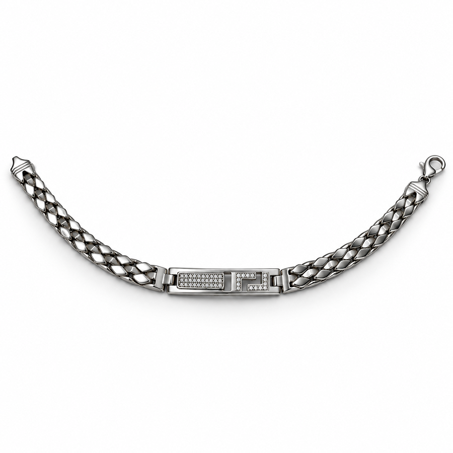 Silver Greek Key Pave ID Mens Bracelet