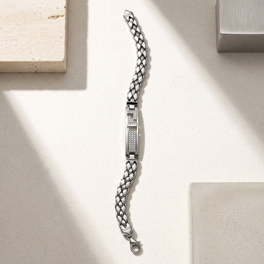 Silver Greek Key Pave ID Mens Bracelet