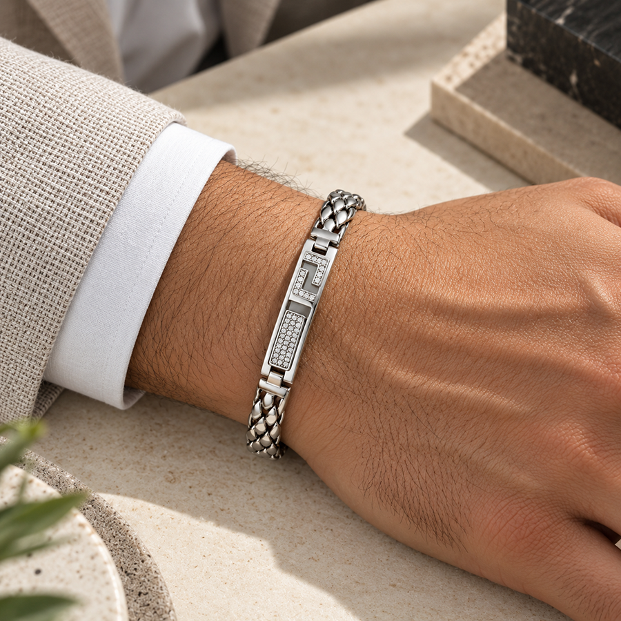 Silver Greek Key Pave ID Mens Bracelet