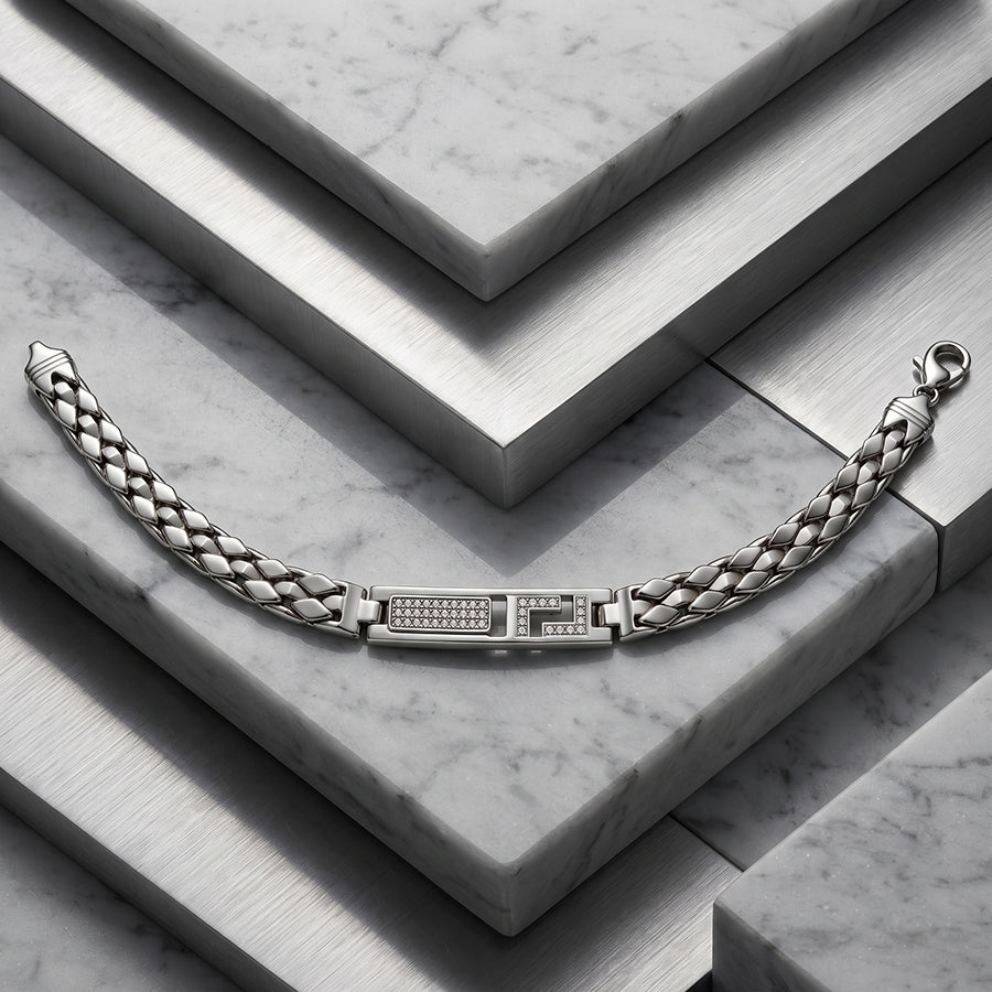 Silver Greek Key Pave ID Mens Bracelet
