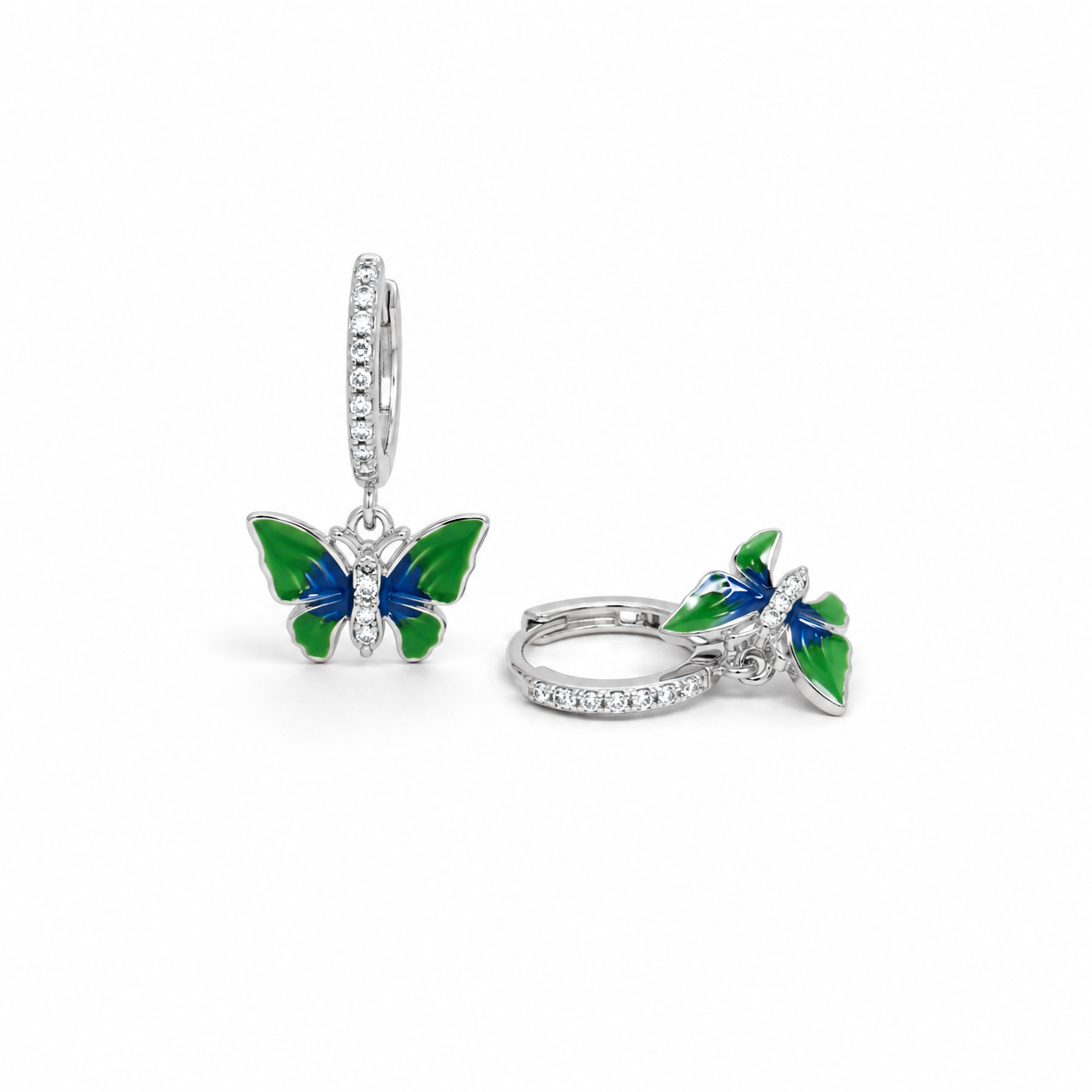 Silver Green Blue Enamel Butterfly Drop Huggie Earrings_01