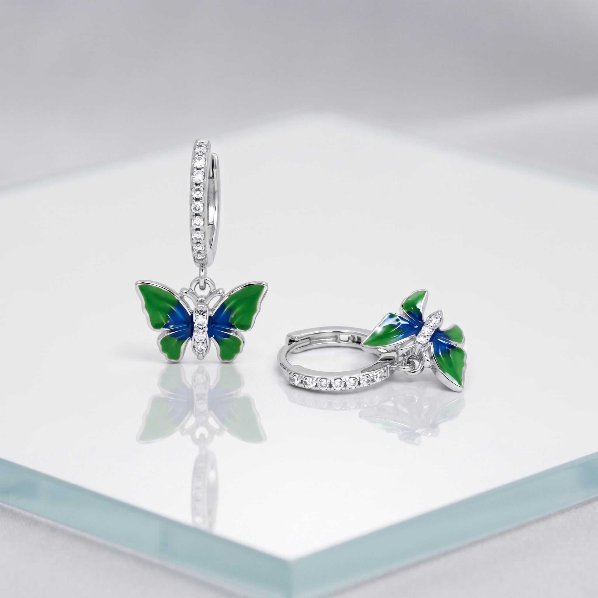 Silver Green Blue Enamel Butterfly Drop Huggie Earrings_02