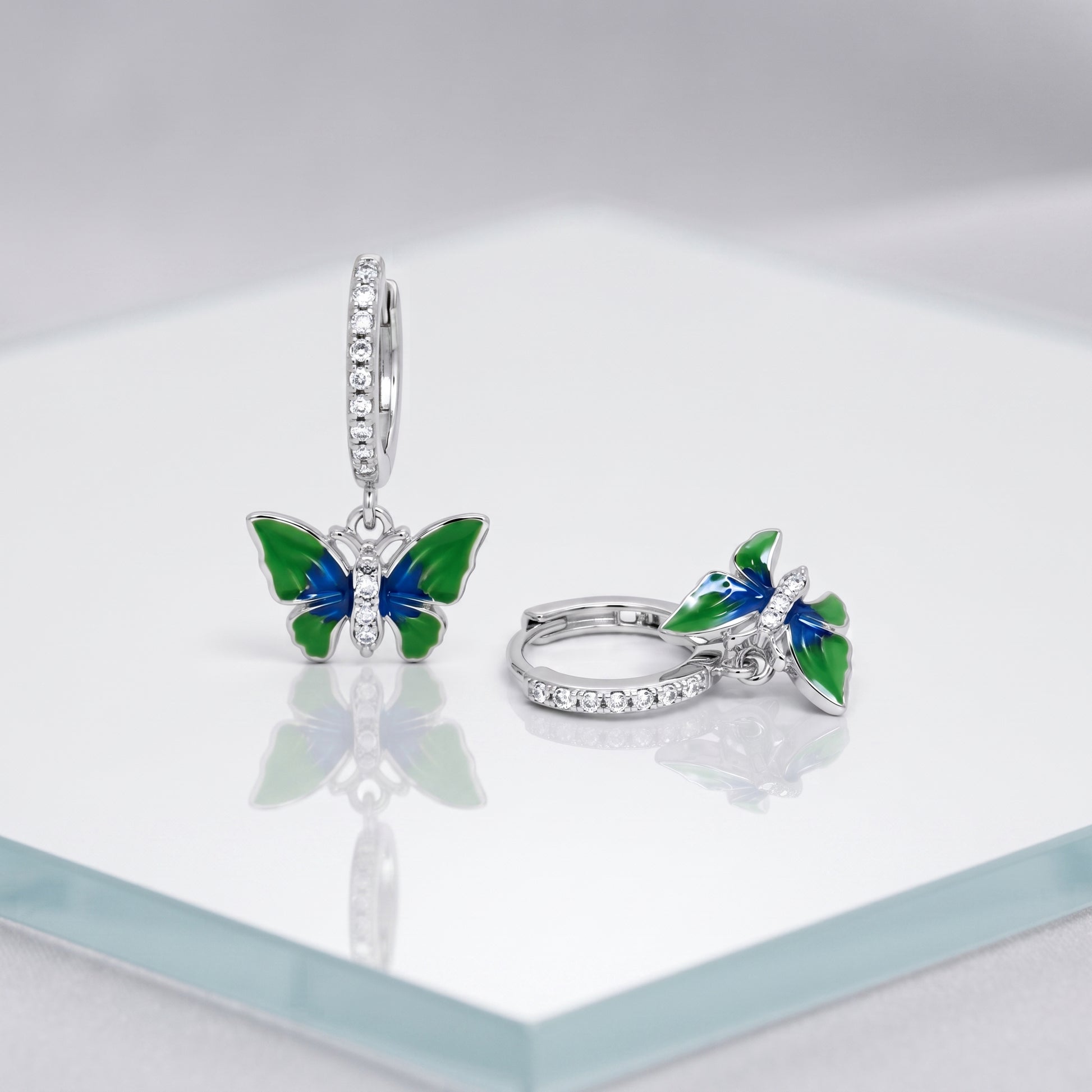 Silver Green Blue Enamel Butterfly Drop Huggie Earrings_02