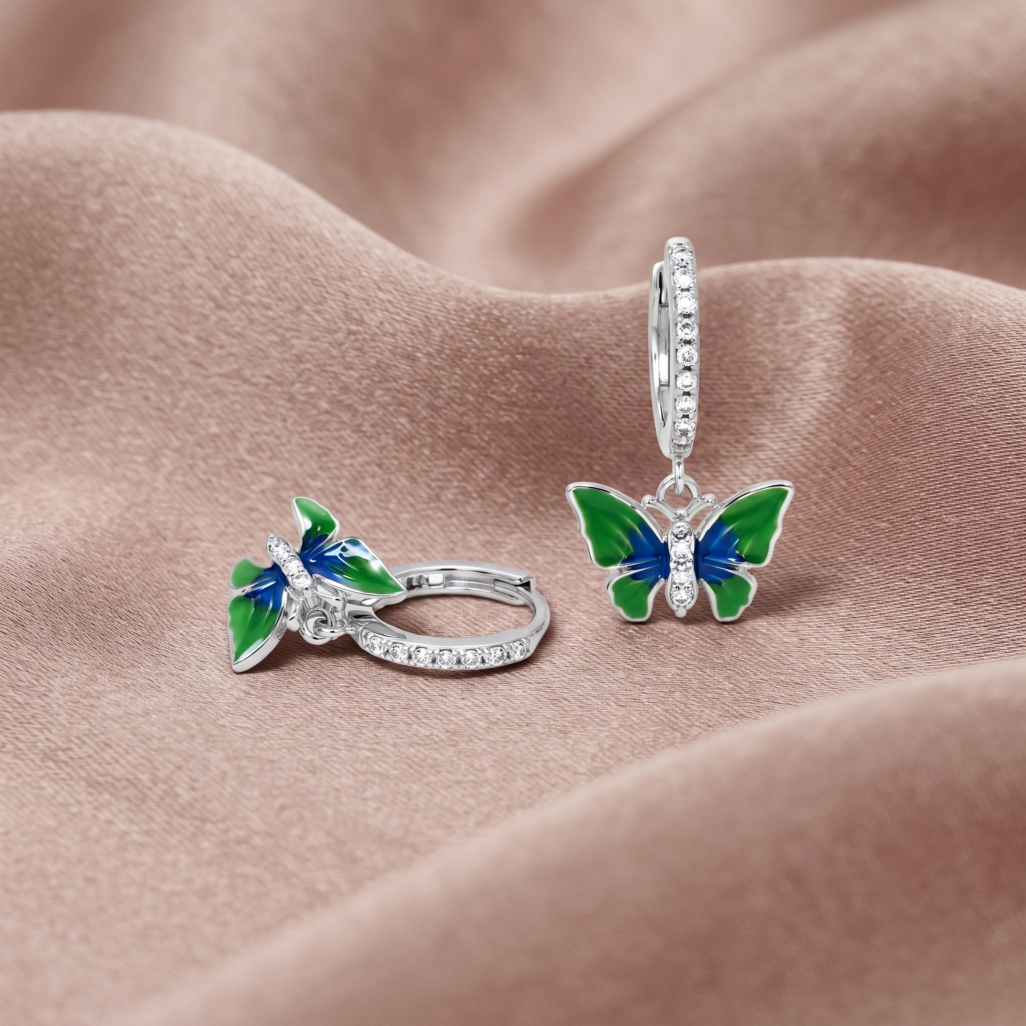 Silver Green Blue Enamel Butterfly Drop Huggie Earrings_03