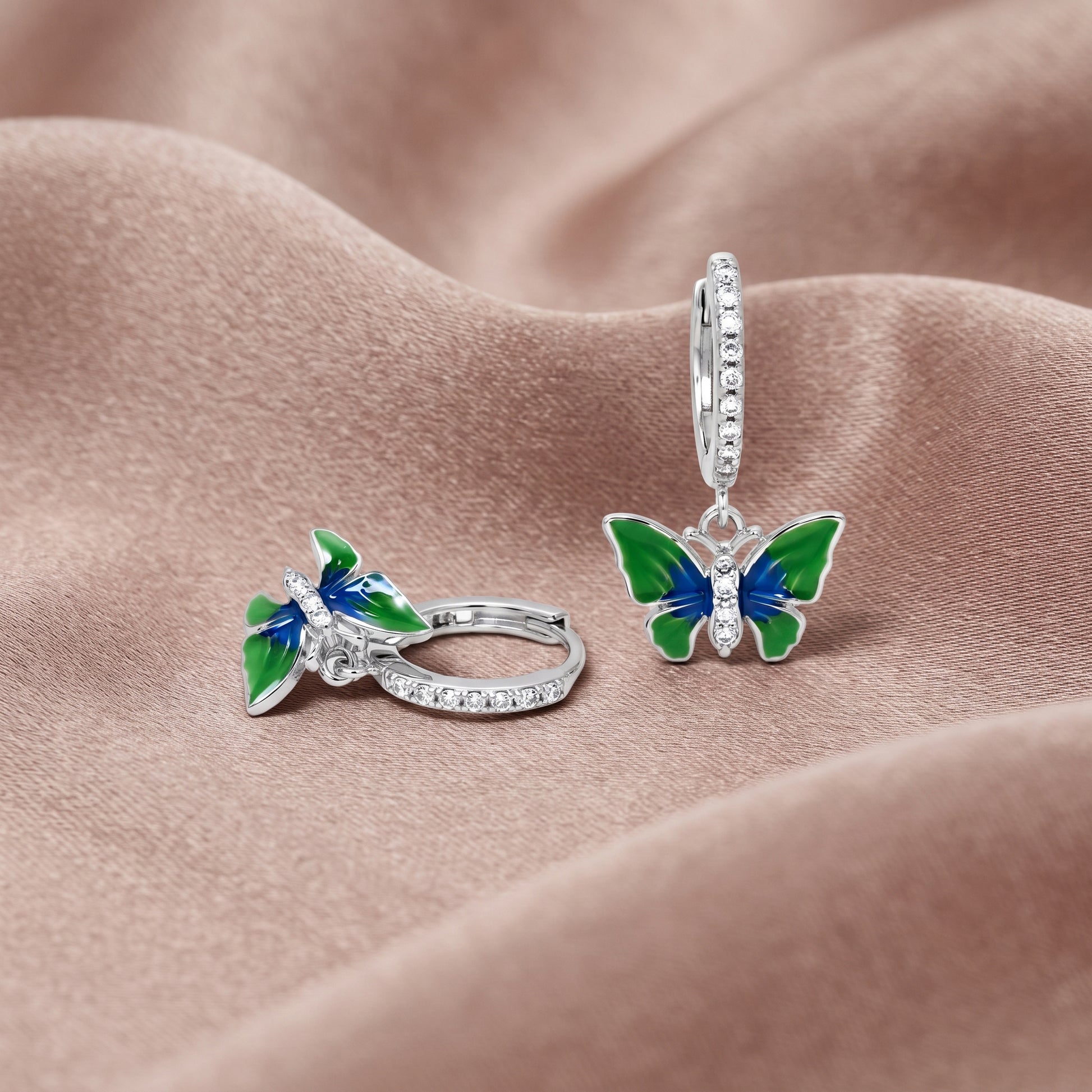 Silver Green Blue Enamel Butterfly Drop Huggie Earrings_03