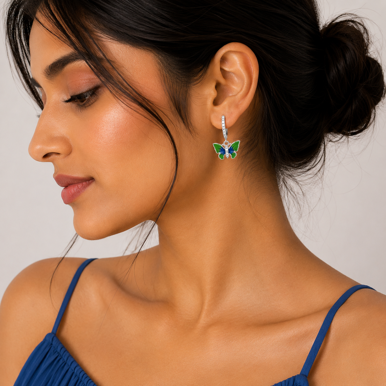 Silver Green Blue Enamel Butterfly Drop Huggie Earrings_04