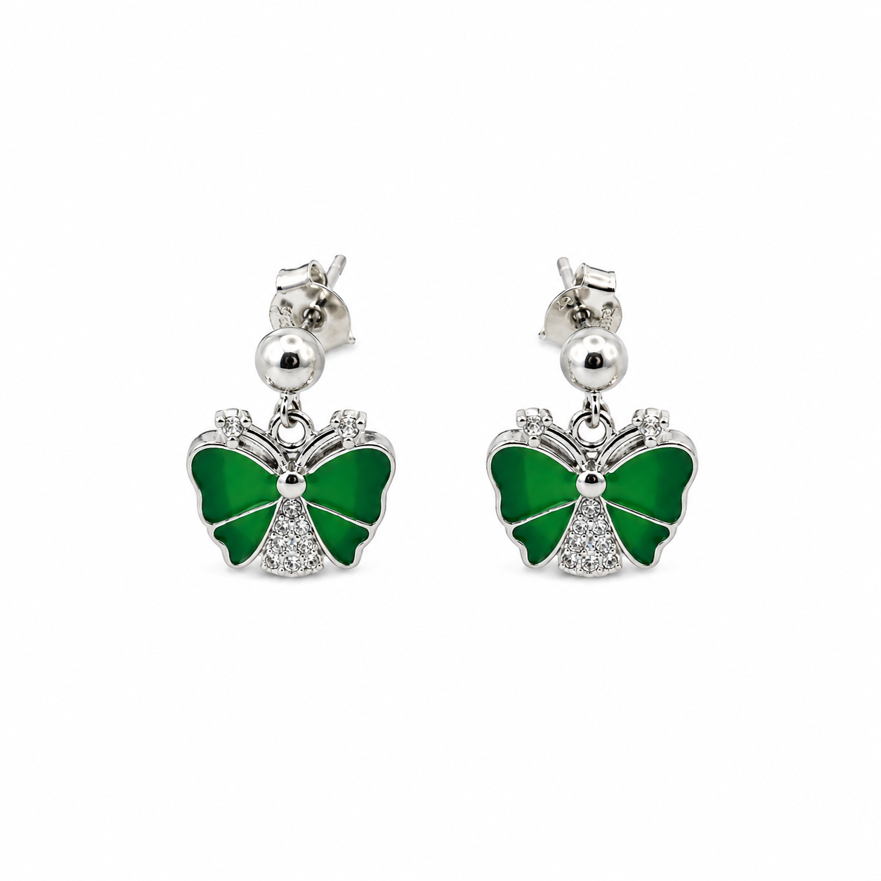 Silver Green Butterfly Drop Earrings (Enamel & CZ) with green enamel wings and a CZ-set lower butterfly body
