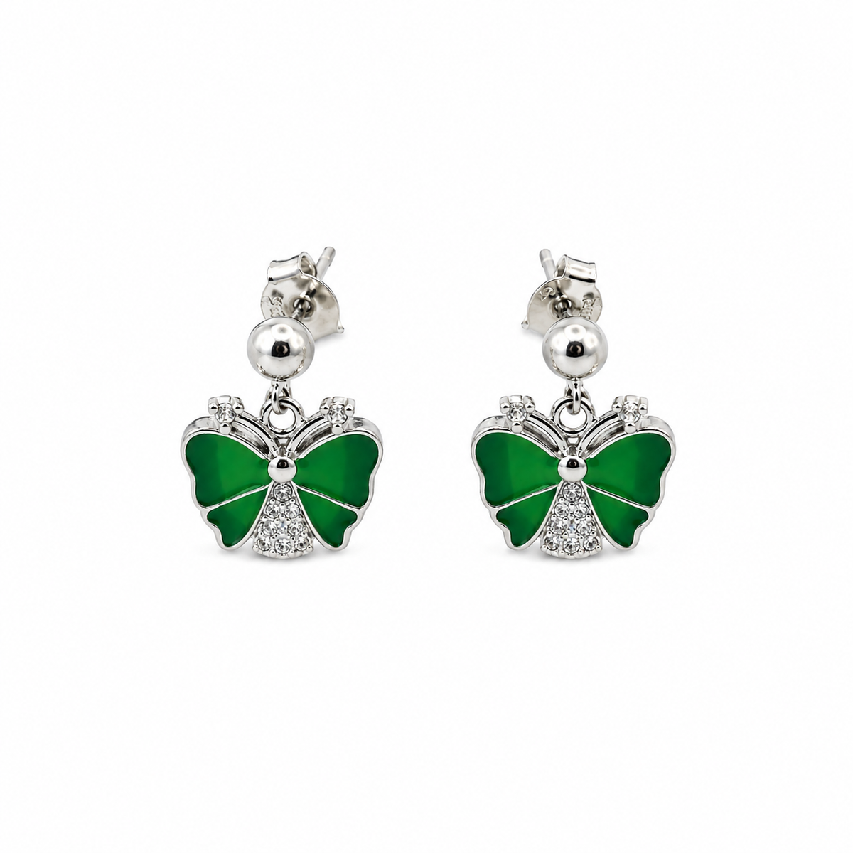 Silver Green Butterfly Drop Earrings (Enamel & CZ) with green enamel wings and a CZ-set lower butterfly body