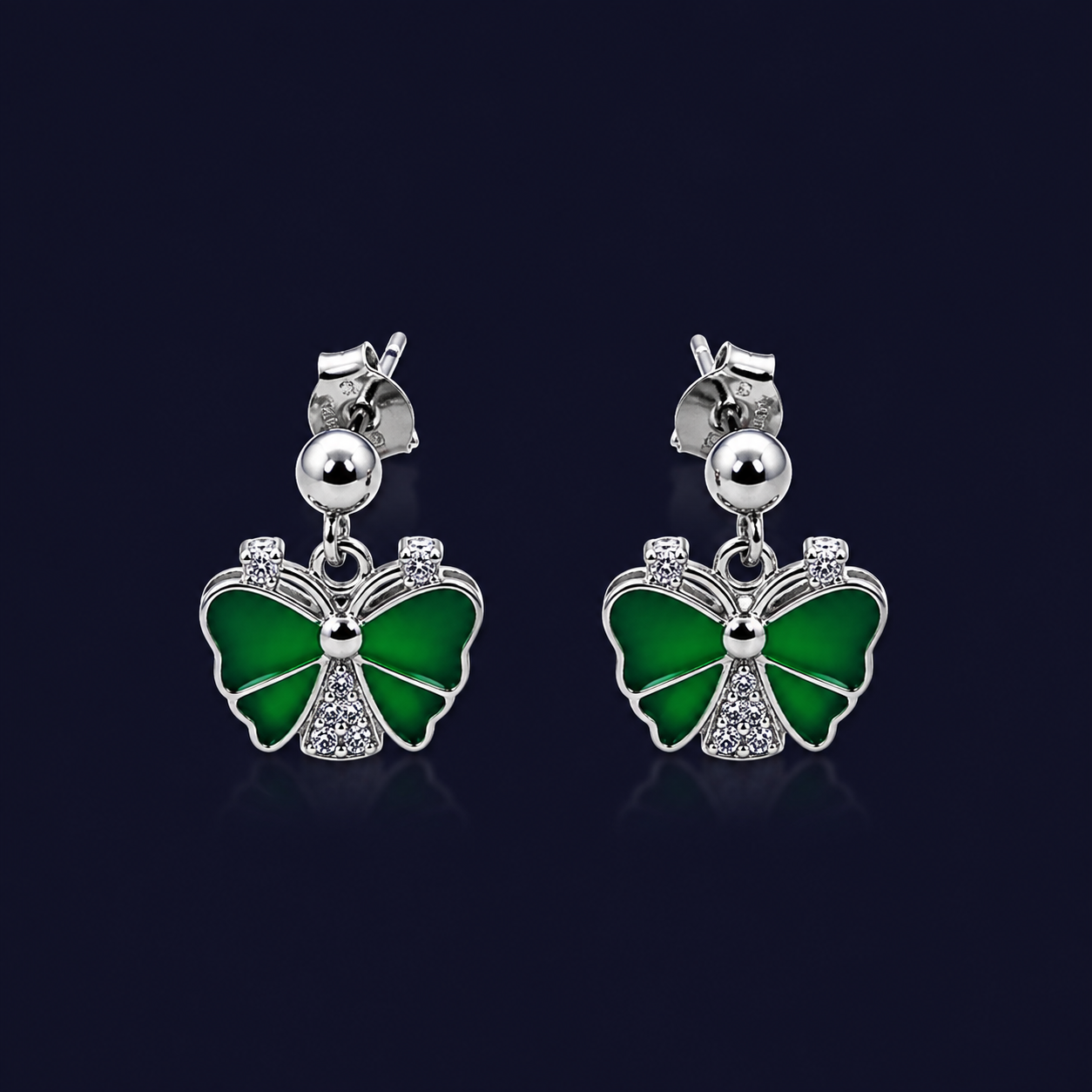 Front view of Silver Green Butterfly Drop Earrings (Enamel & CZ) showing green enamel wings, polished silver outlines and CZ detailing