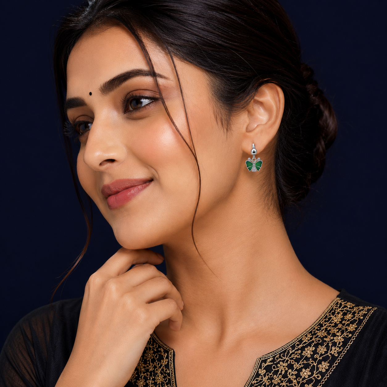 Model wearing Silver Green Butterfly Drop Earrings (Enamel & CZ) with dangling green butterfly motifs