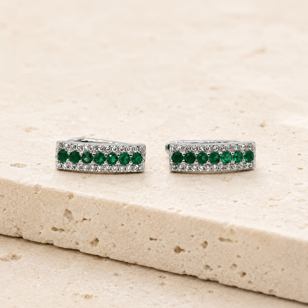 Silver Green CZ Pave Huggie Earrings_02