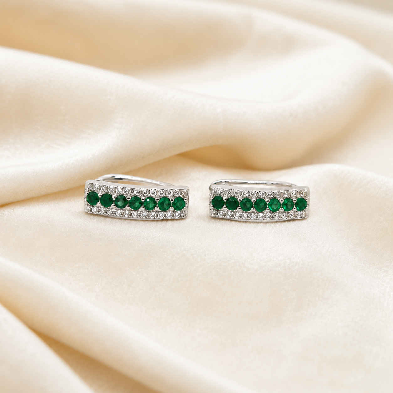 Silver Green CZ Pave Huggie Earrings_04