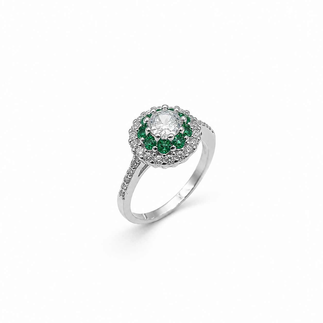 Silver Green Double Halo Round Solitaire Ring