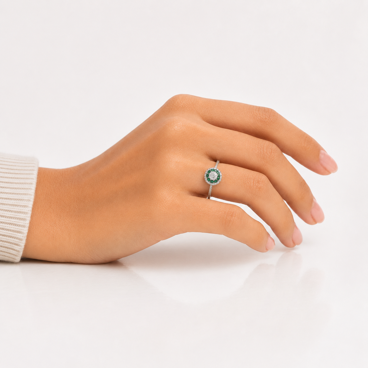 Silver Green Double Halo Round Solitaire Ring