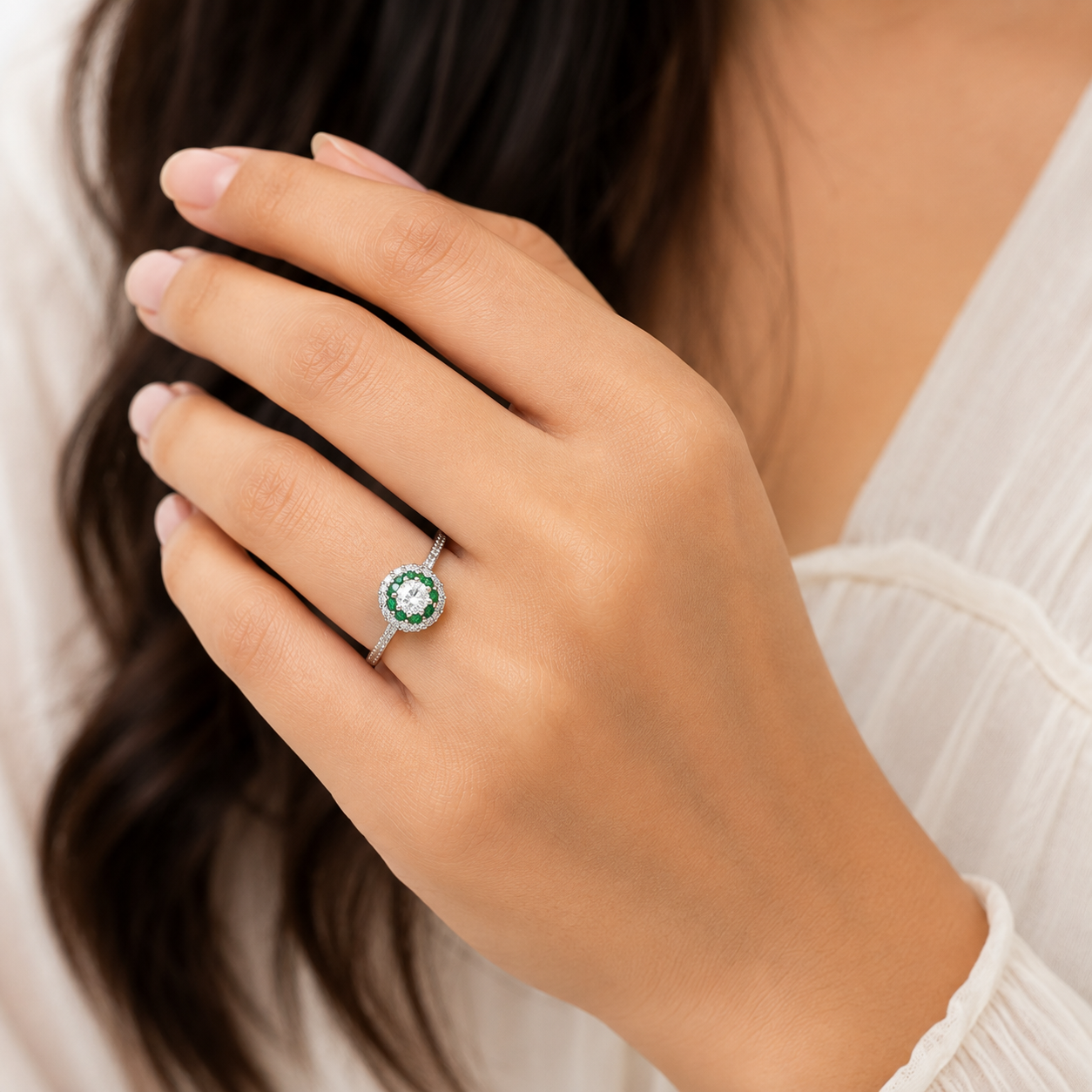 Silver Green Double Halo Round Solitaire Ring