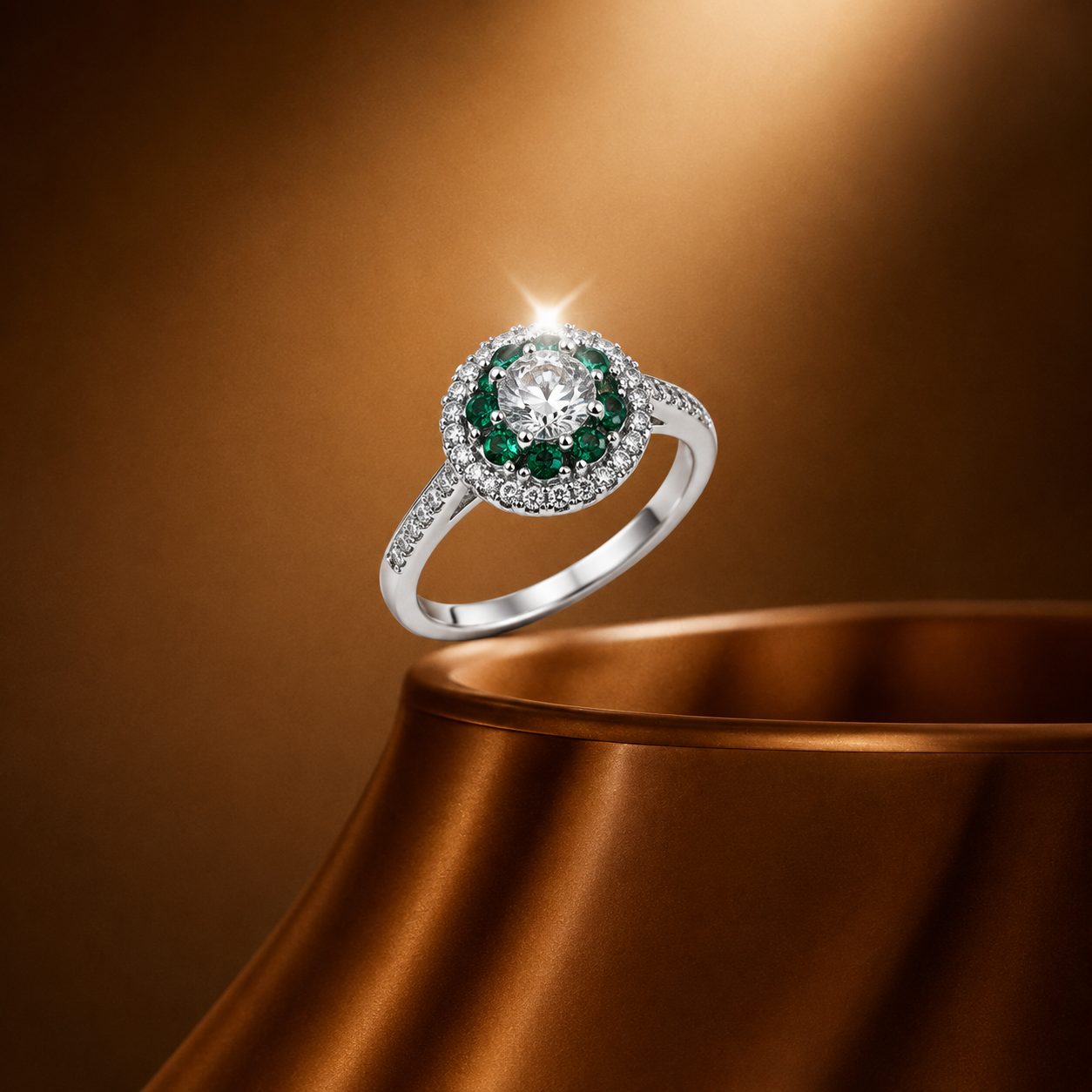 Silver Green Double Halo Round Solitaire Ring