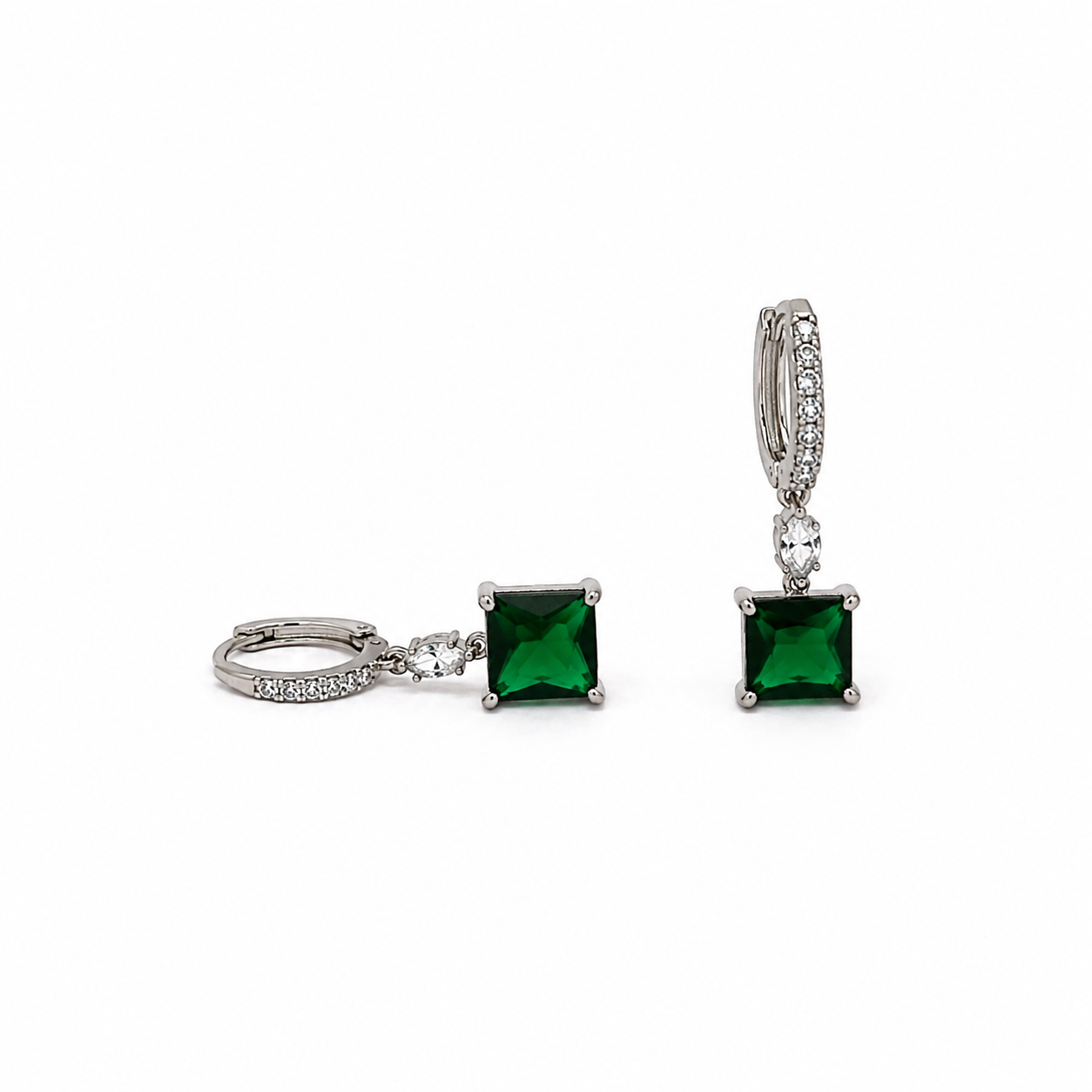 Silver Green Emerald Cut Solitaire Drop Earrings