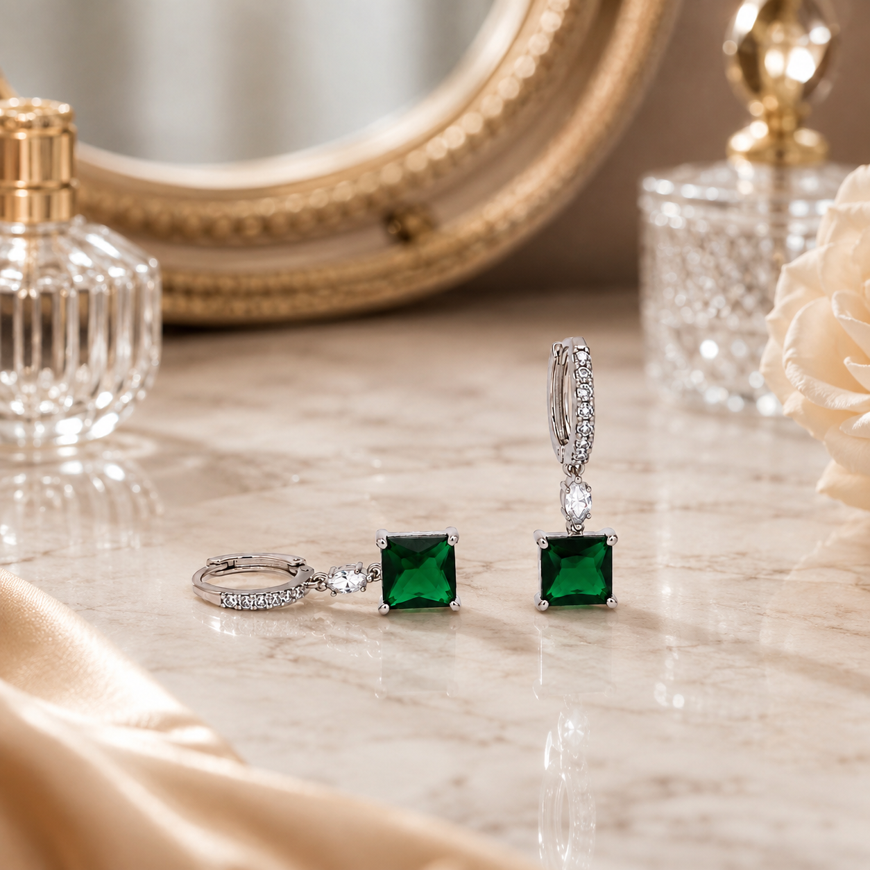 Silver Green Emerald Cut Solitaire Drop Earrings