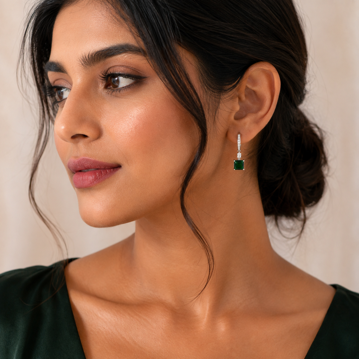 Silver Green Emerald Cut Solitaire Drop Earrings