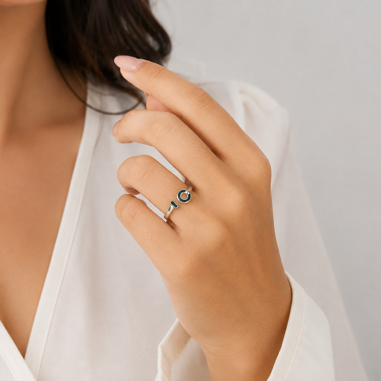 Silver Green Enamel Circle Ring