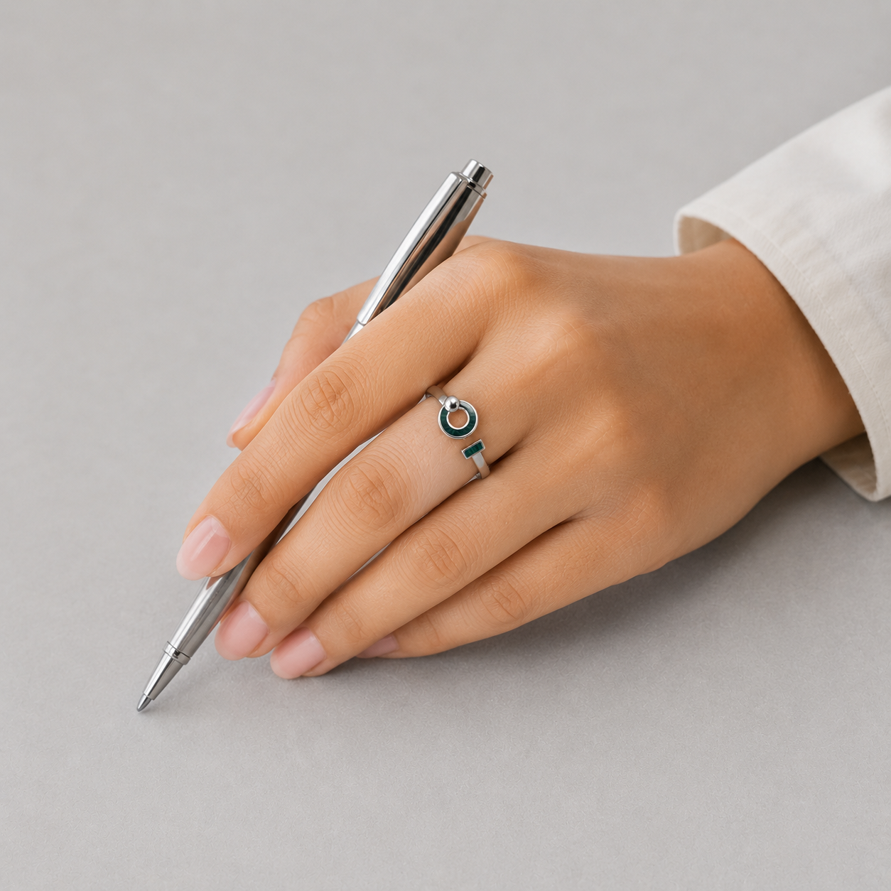 Silver Green Enamel Circle Ring