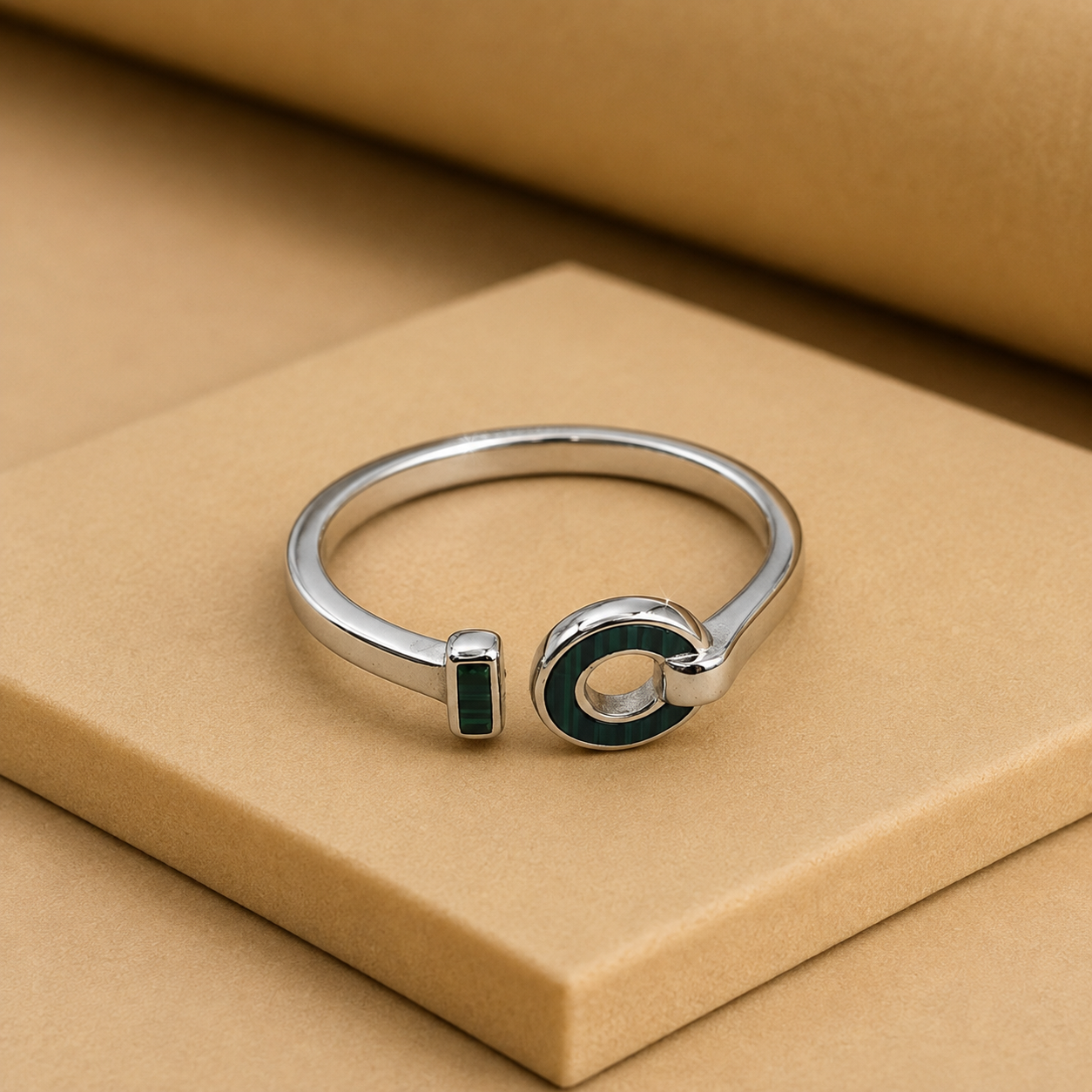 Silver Green Enamel Circle Ring