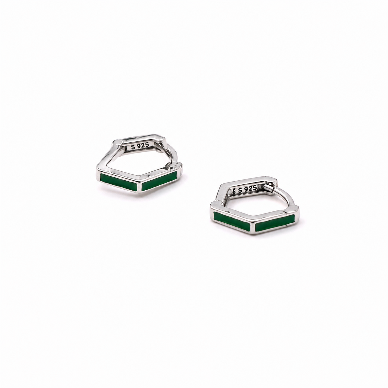 Silver Green Enamel Hexagon Huggie Earrings_01