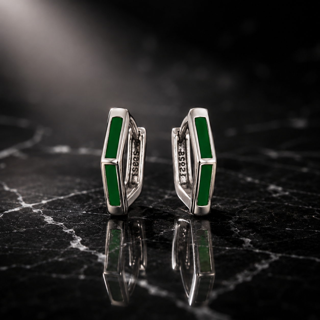 Silver Green Enamel Hexagon Huggie Earrings_02