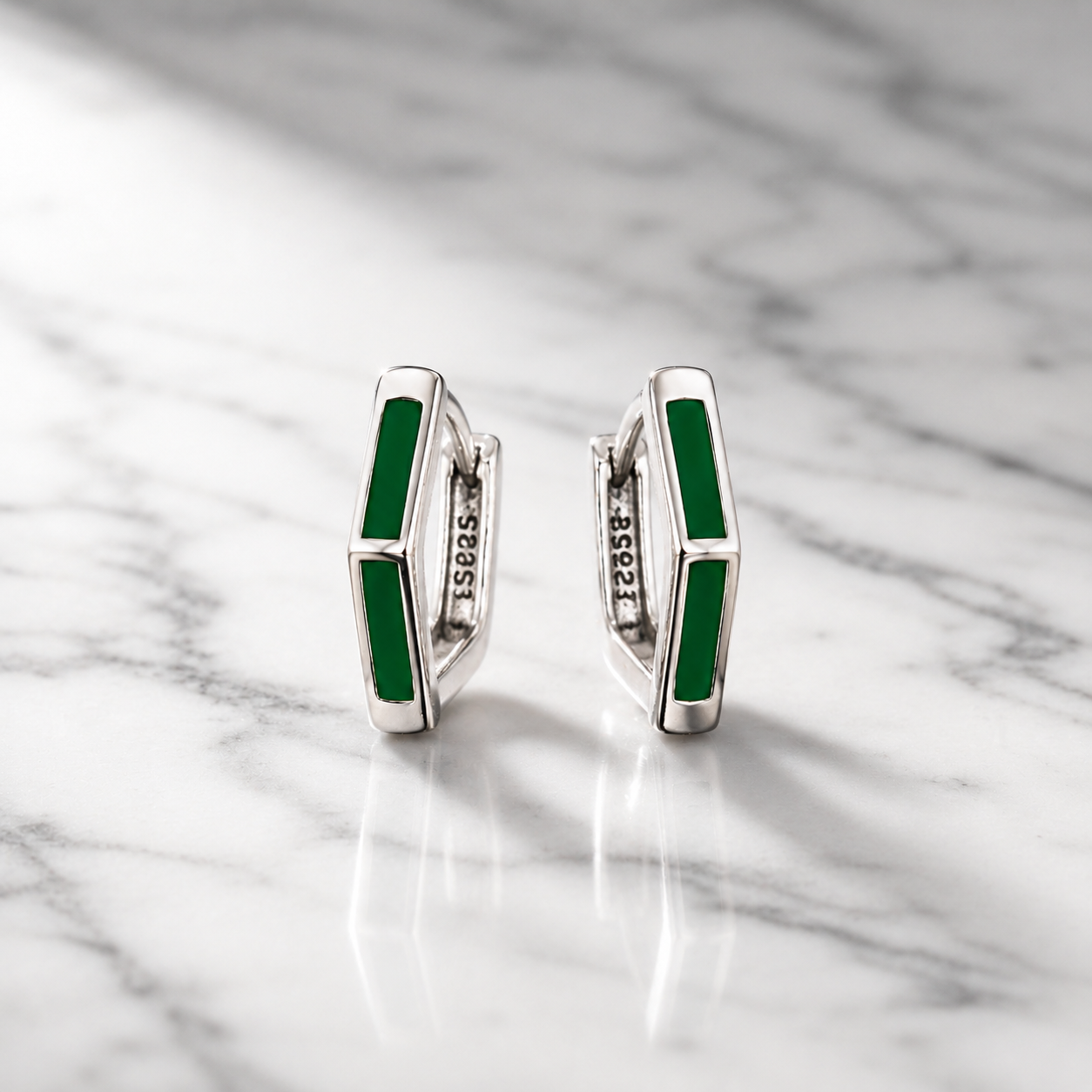 Silver Green Enamel Hexagon Huggie Earrings_03