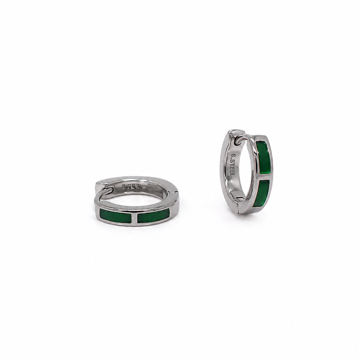 Silver Green Enamel Huggie Earrings_01
