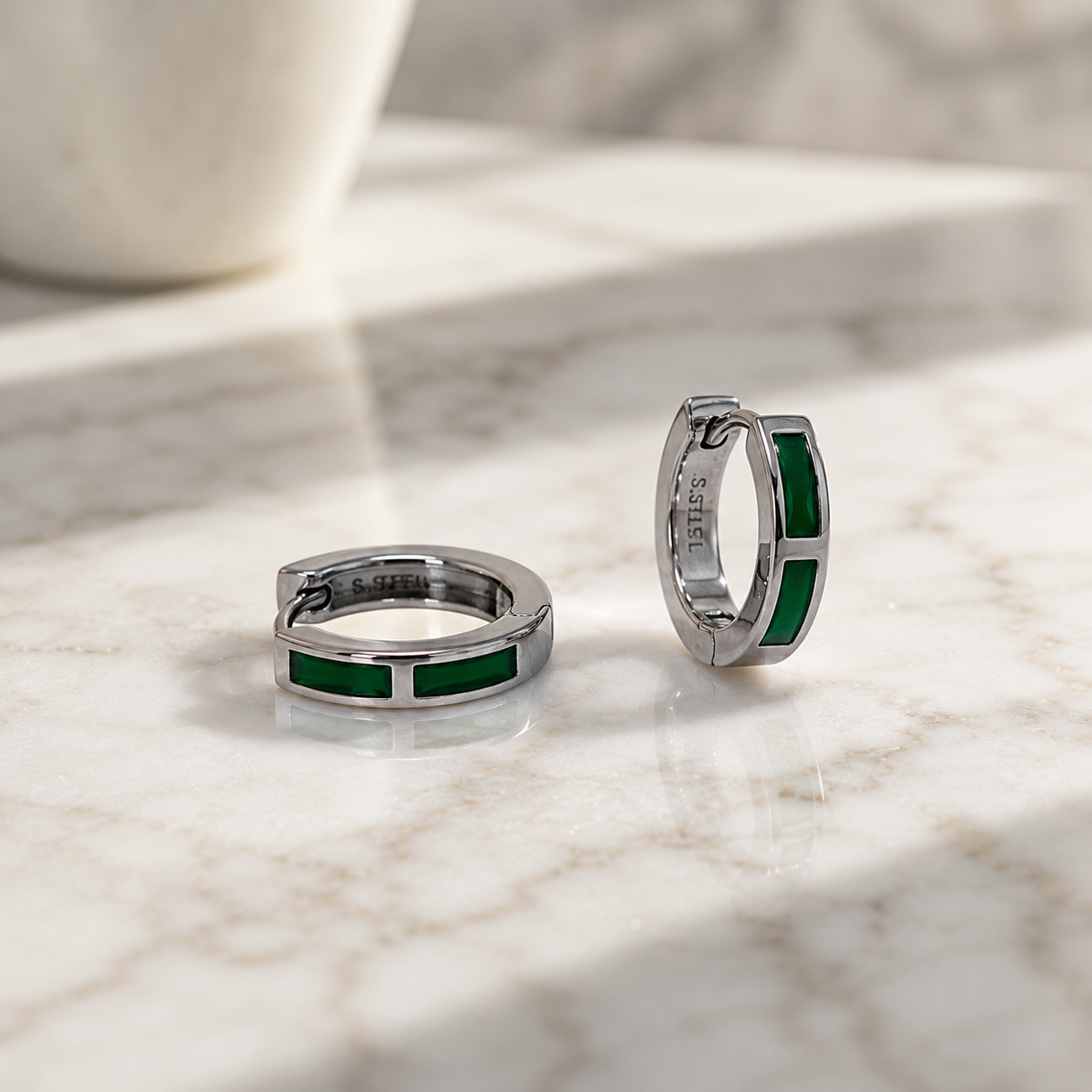 Silver Green Enamel Huggie Earrings_04